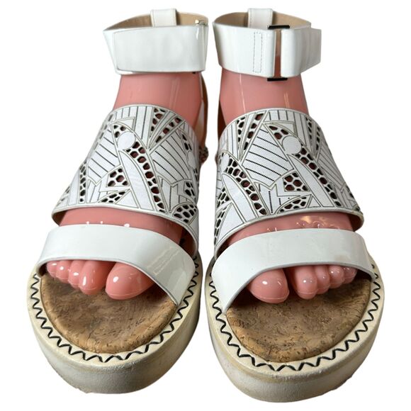 Cushionaire Women Nicholas Kirkwood X Peter Pilotto Laser Cut White Leather Cork Sandals 38 US 7.5
